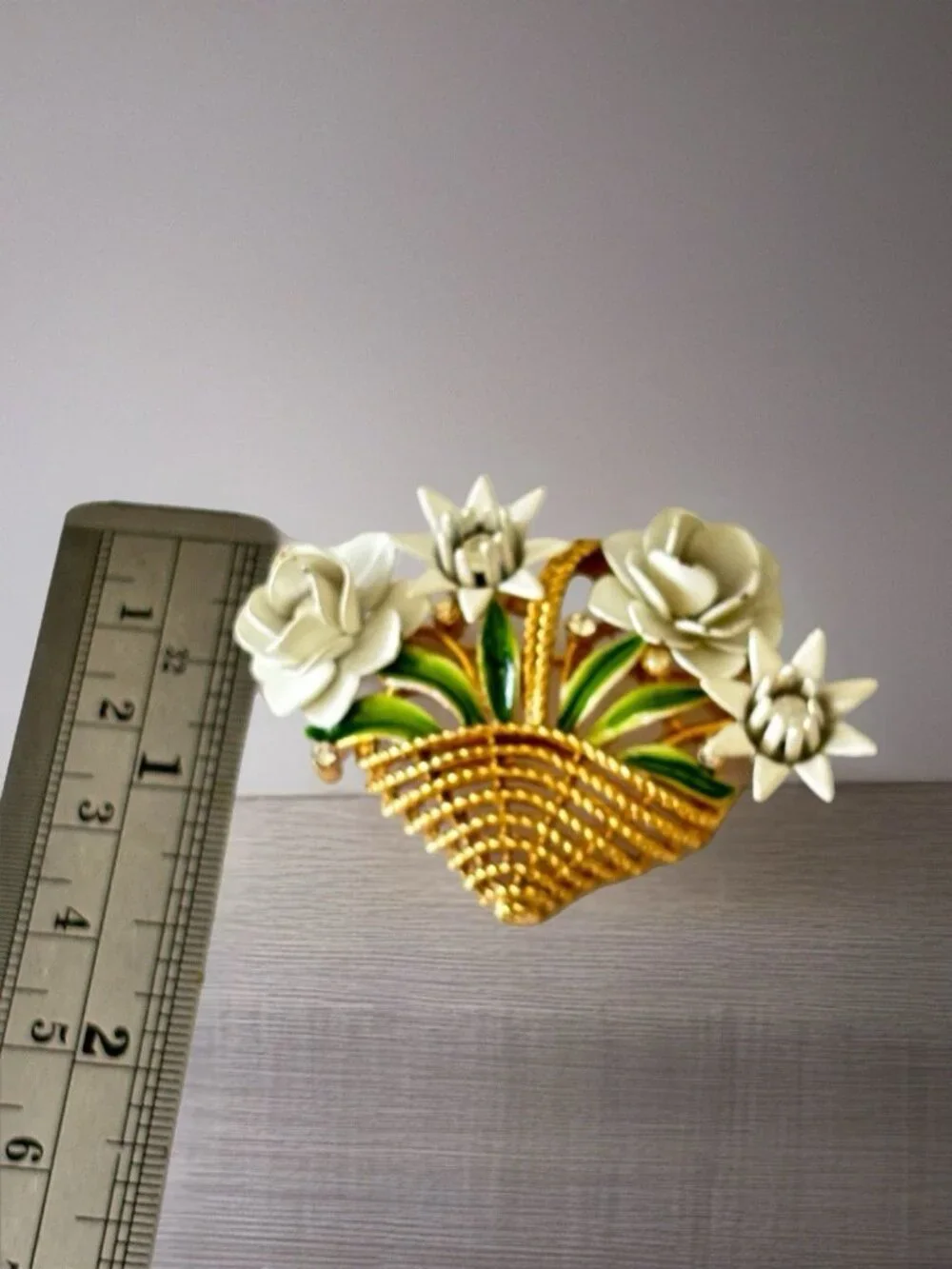 Trifari Gold Tone White Enamel Roses Spring Flower Basket Brooch Pin Vintage